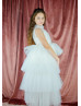 High Collar Ivory Tulle Layered Pearl Embellished Flower Girl Dress